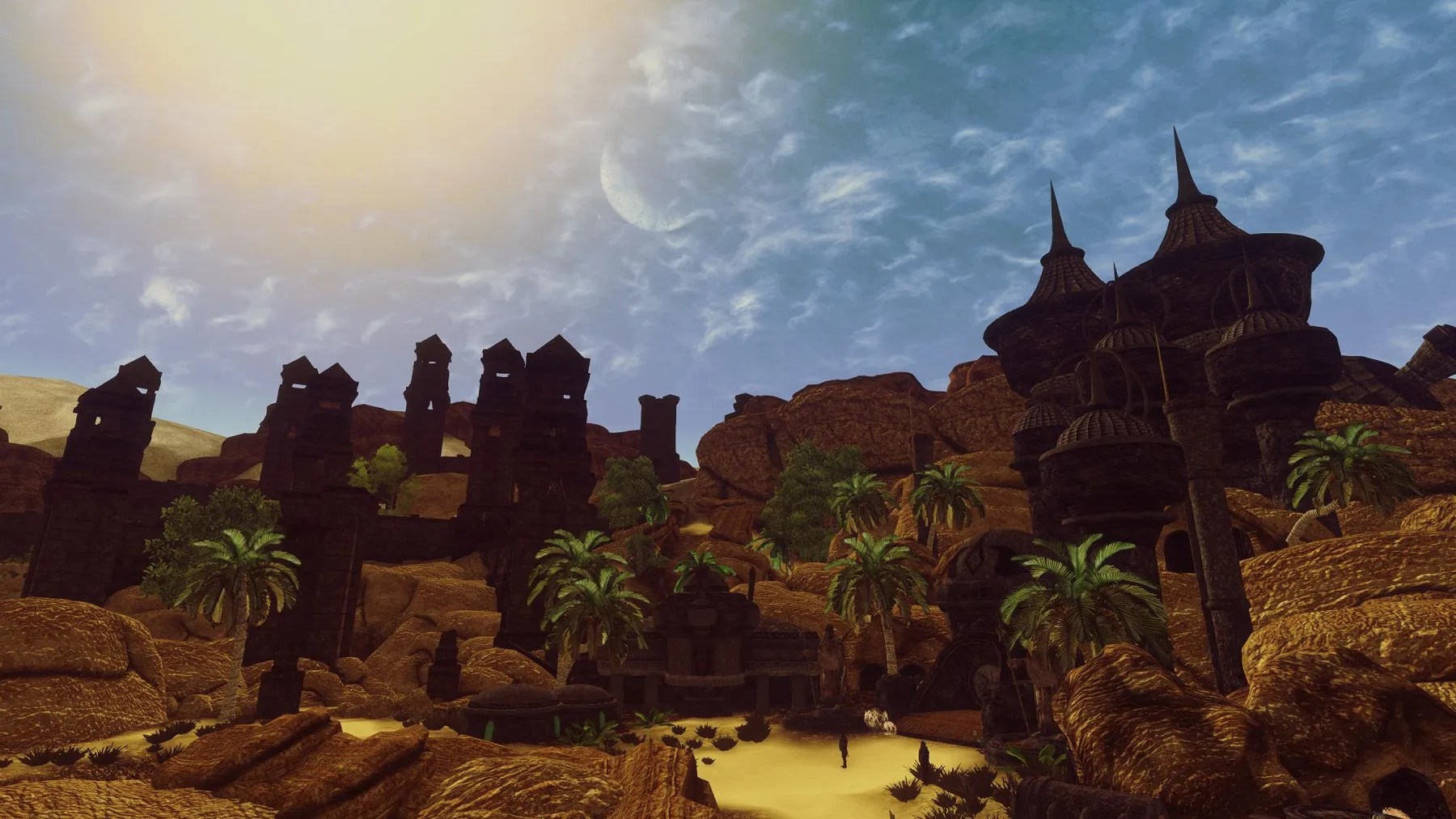 Screenshot from Oblivion mod “Prism of Hammerfell” showing a Dwemer ruin in the desert.