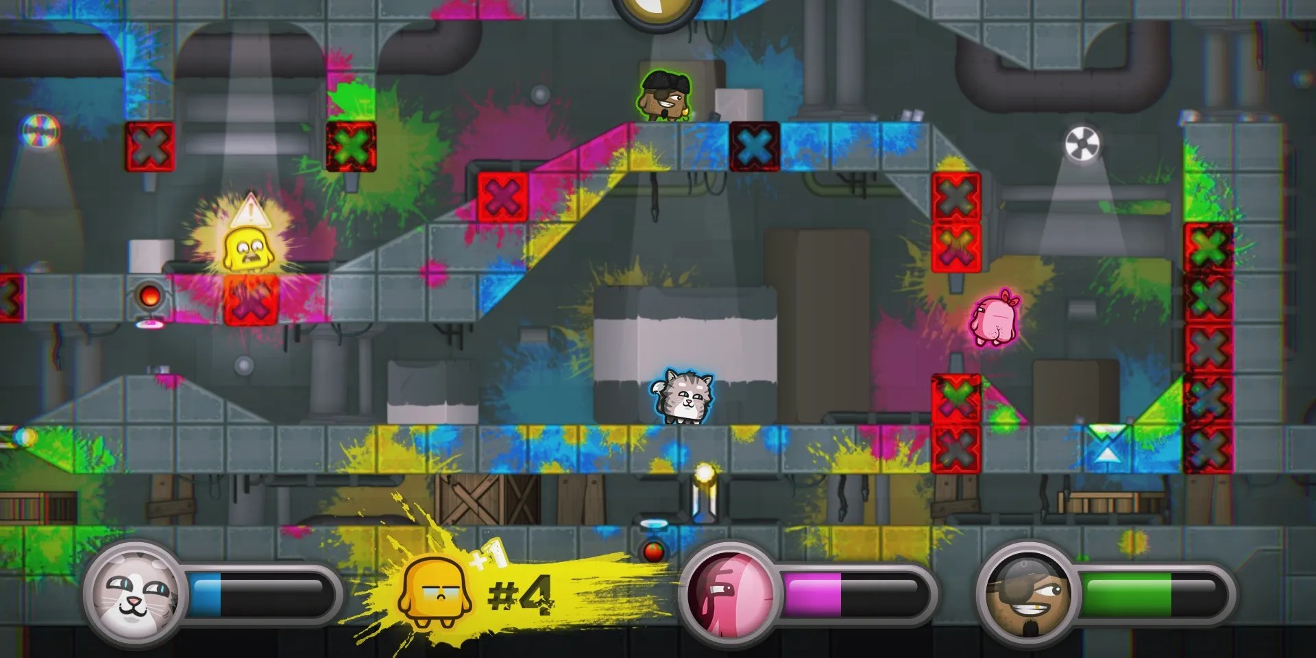 Four characters trying to survive a course in Move Or Die