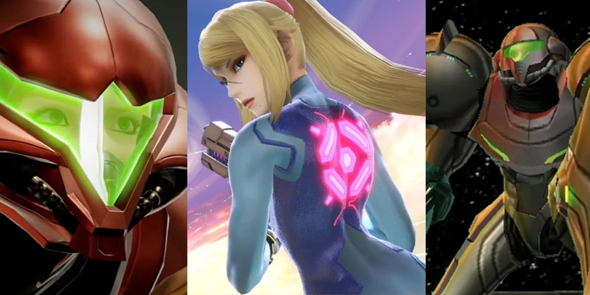 Samus behind her helmet in Metroid Dread; Zero Suit Samus turning backwards in Smash Ultimate; Samus in her Power Suit kneeling in Metroid Prime