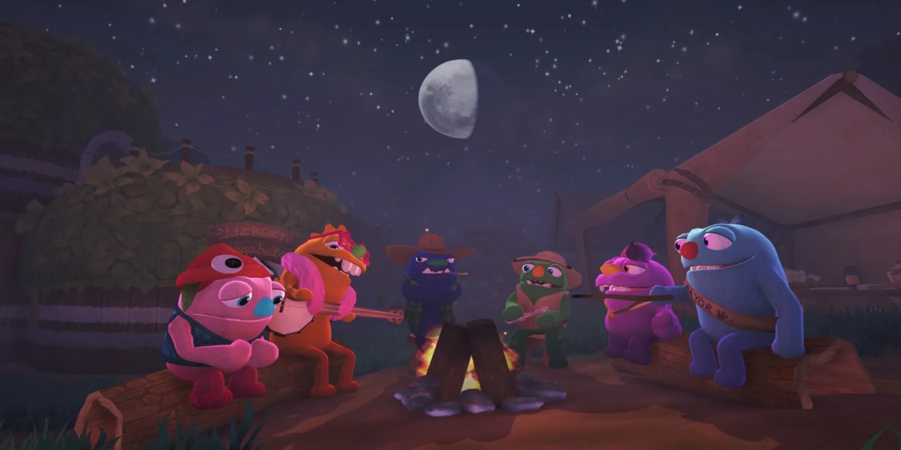 bugsnax characters around campfire