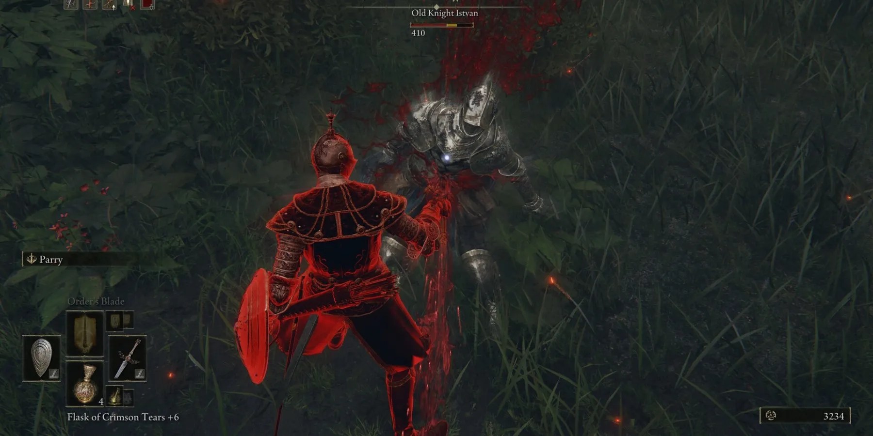 An armored knight invader attacking another character in Elden Ring.