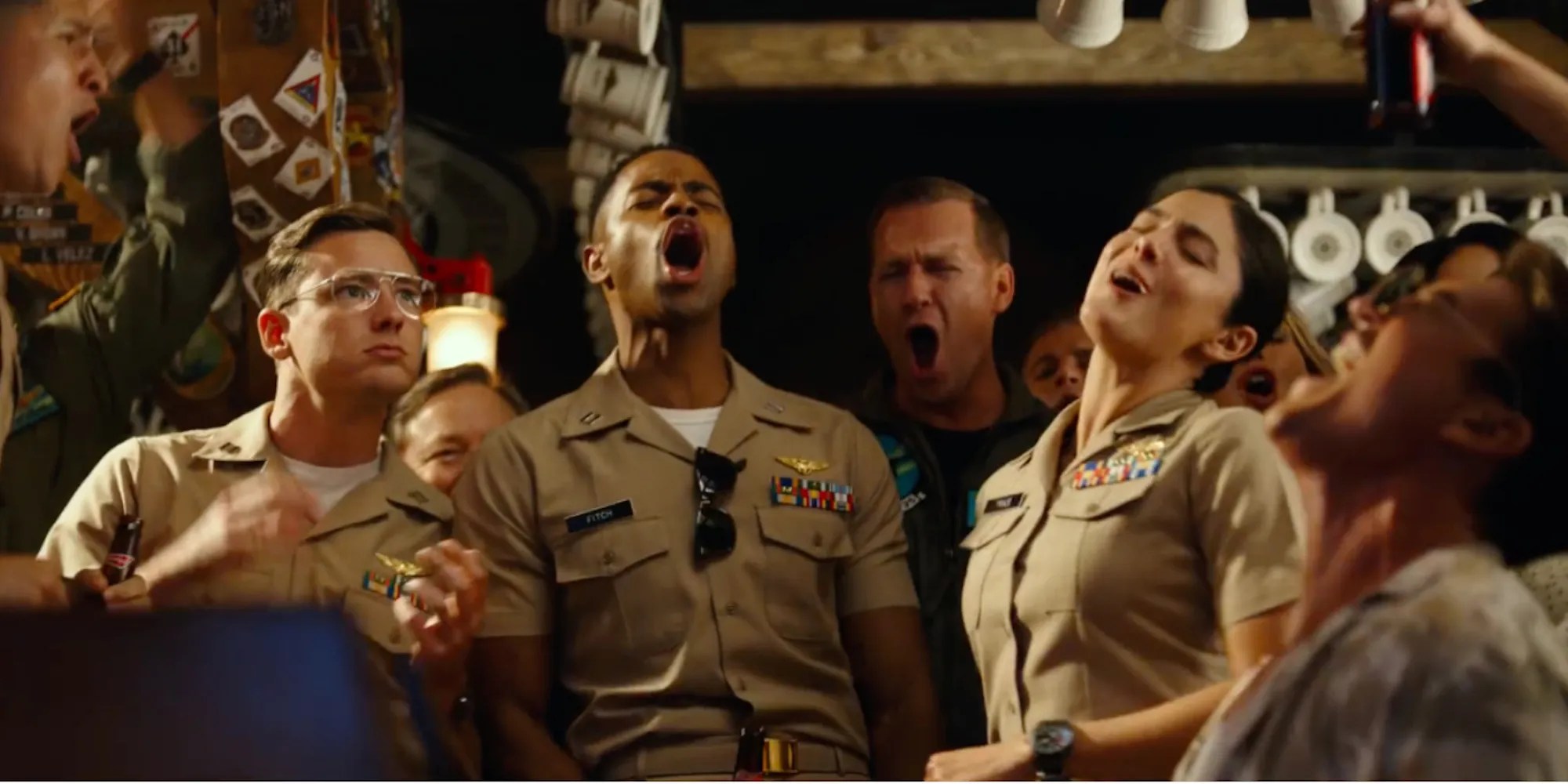 A scene featuring characters in Top Gun Maverick
