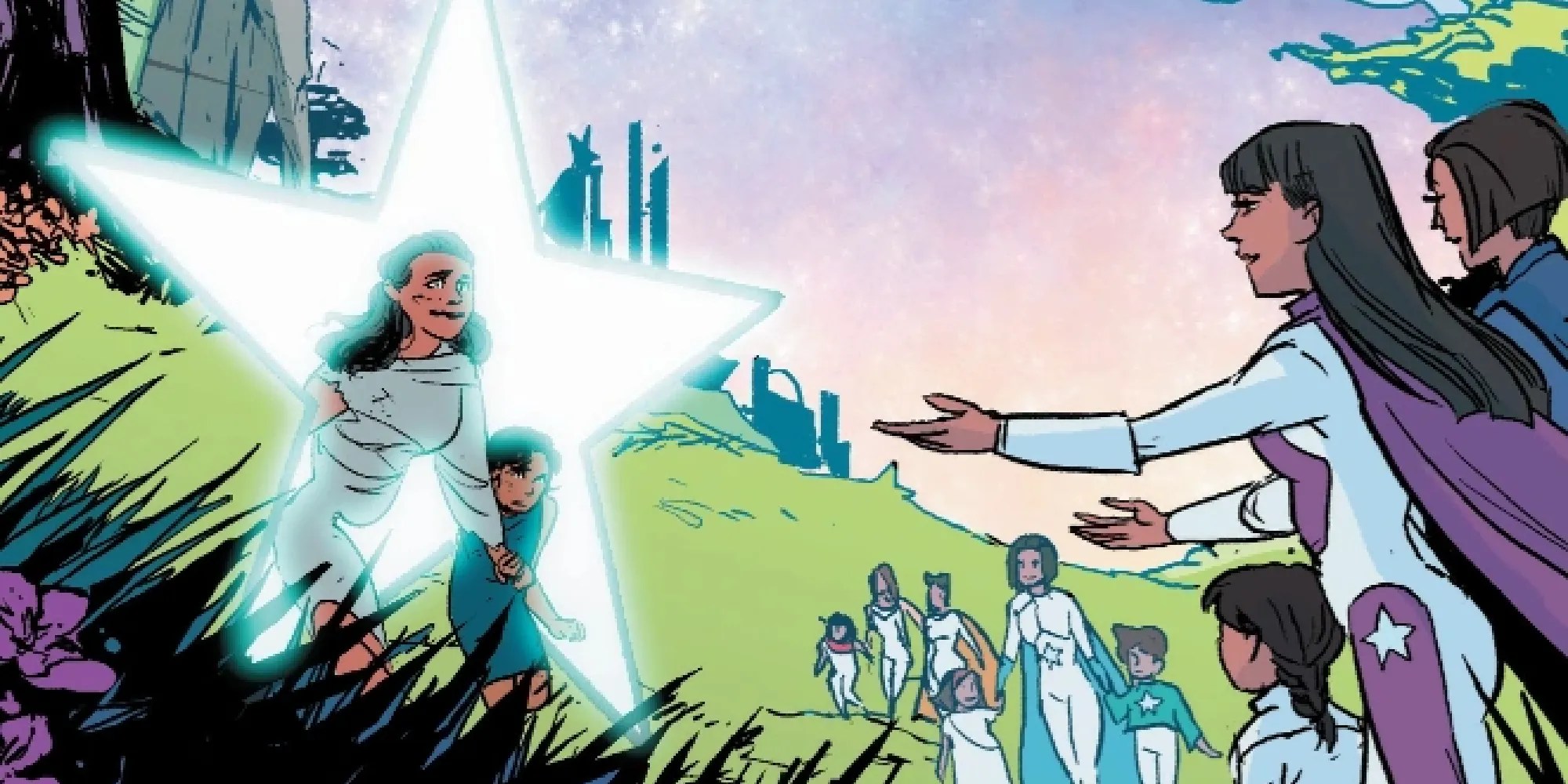 A mother and daughter passing through a star-shaped portal into the Utopian Parallel