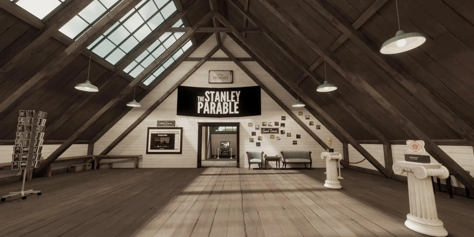a museum-like building inside a slant-roofed, wooden house. plinths on the right hold artifacts of the game&rsquo;s past, and ahead there are photos taped to the wall near a doorway leading into the next room. over the doorway is a banner that reads &ldquo;The Stanley Parable.&quot;