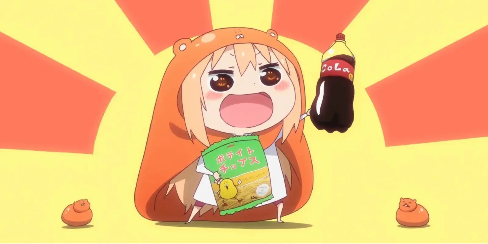umaru chan in her indoor form with potato chips and cola from the anime Himouto! Umaru-chan