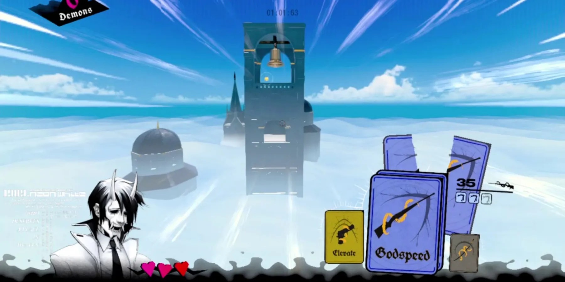 a distant tower with a gold bell at the top. speed lines at the edge of the screen indicate the viewer is moving toward the tower. in the bottom right corner is a stack of blue cards with a rifle and the word Godspeed on them. next to those cards is a yellow card with a handgun that says elevate. in the bottom left is a dark haired man in a white coat and demon mask