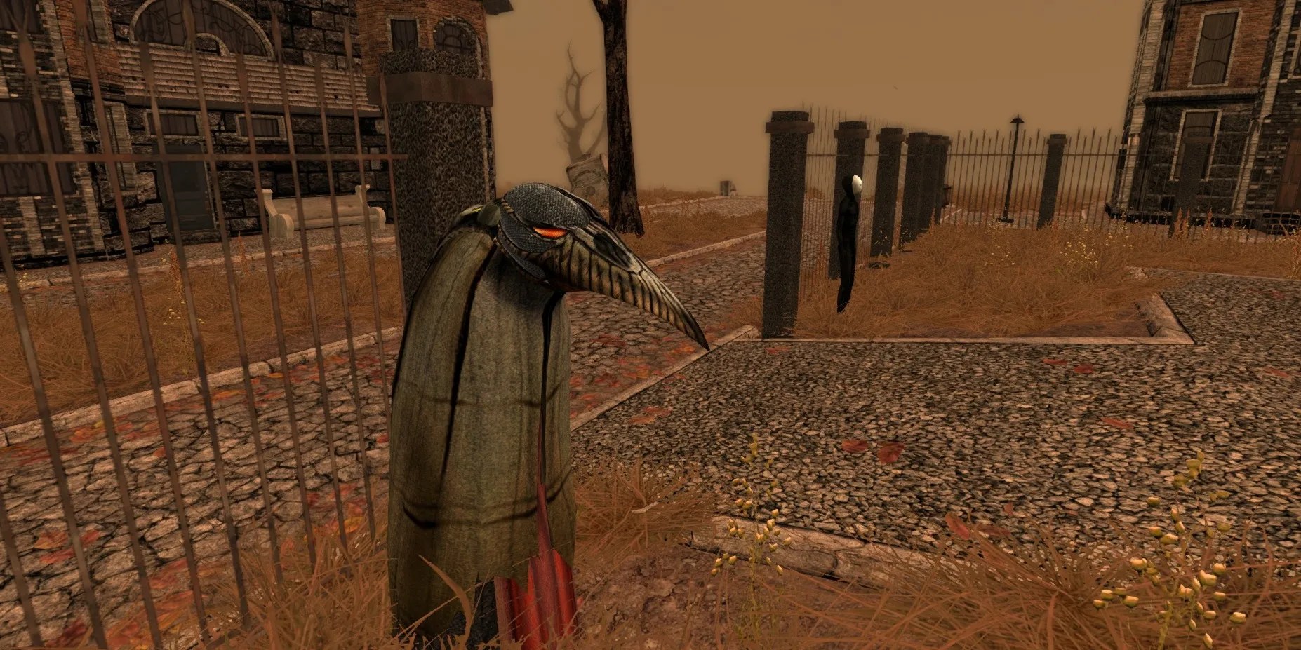 Creature standing next to a fence wearing a bird mask in Pathologic