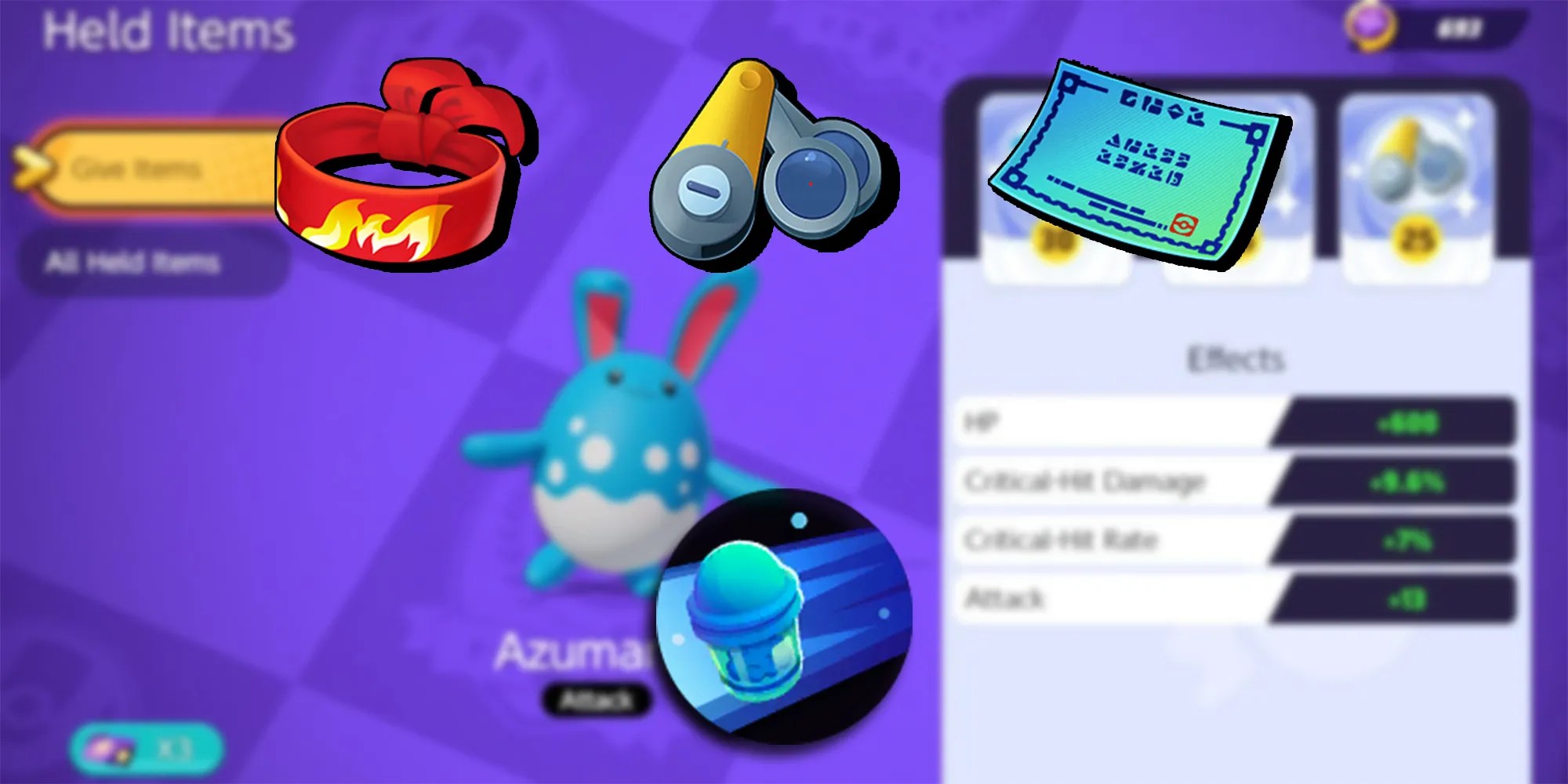Pokemon Unite - Azumarill&rsquo;s Best Held Items Overlaid On Top Of Azumarill In Equip Menu