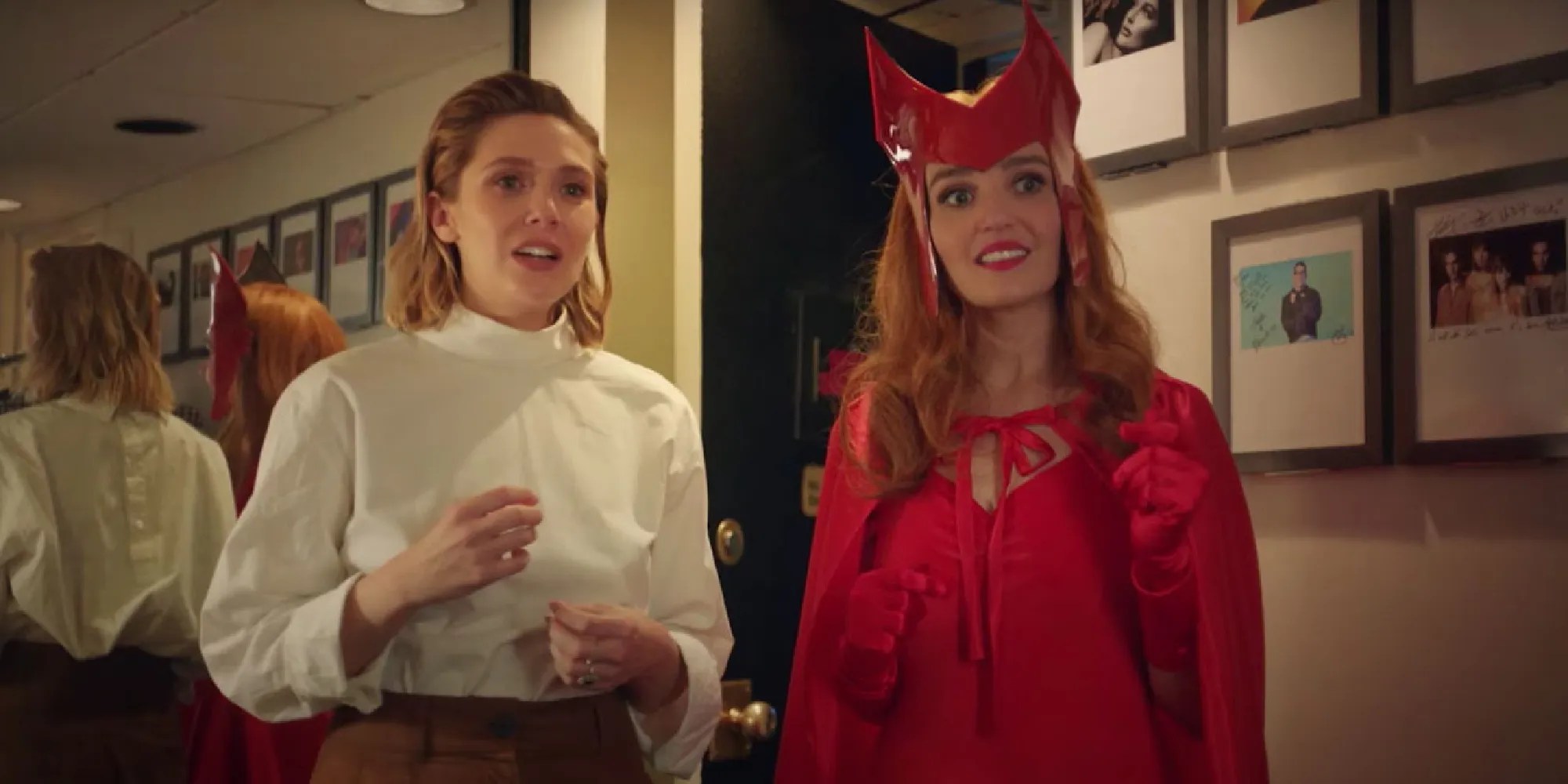 Chloe Fineman dressed as Scarlet Witch next to Elizabeth Olsen in SNL