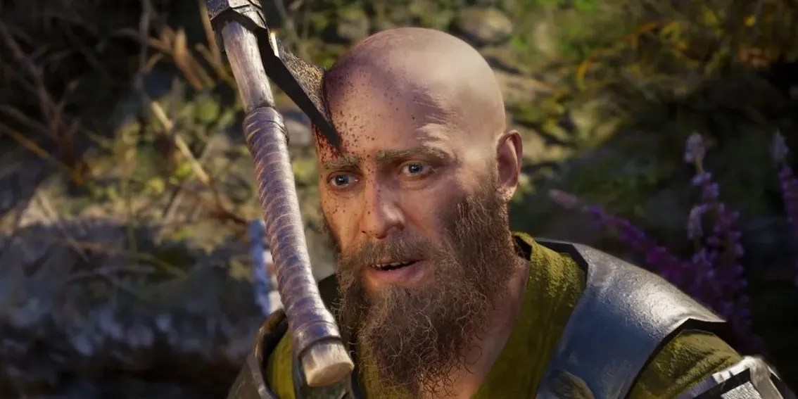 Close up of a man with an axe stuck in his head in Assassin&rsquo;s Creed Valhalla