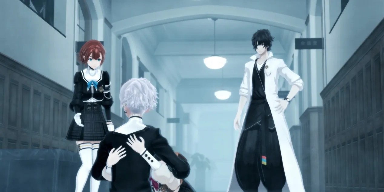 monark three characters interacting withone another in a school hallway