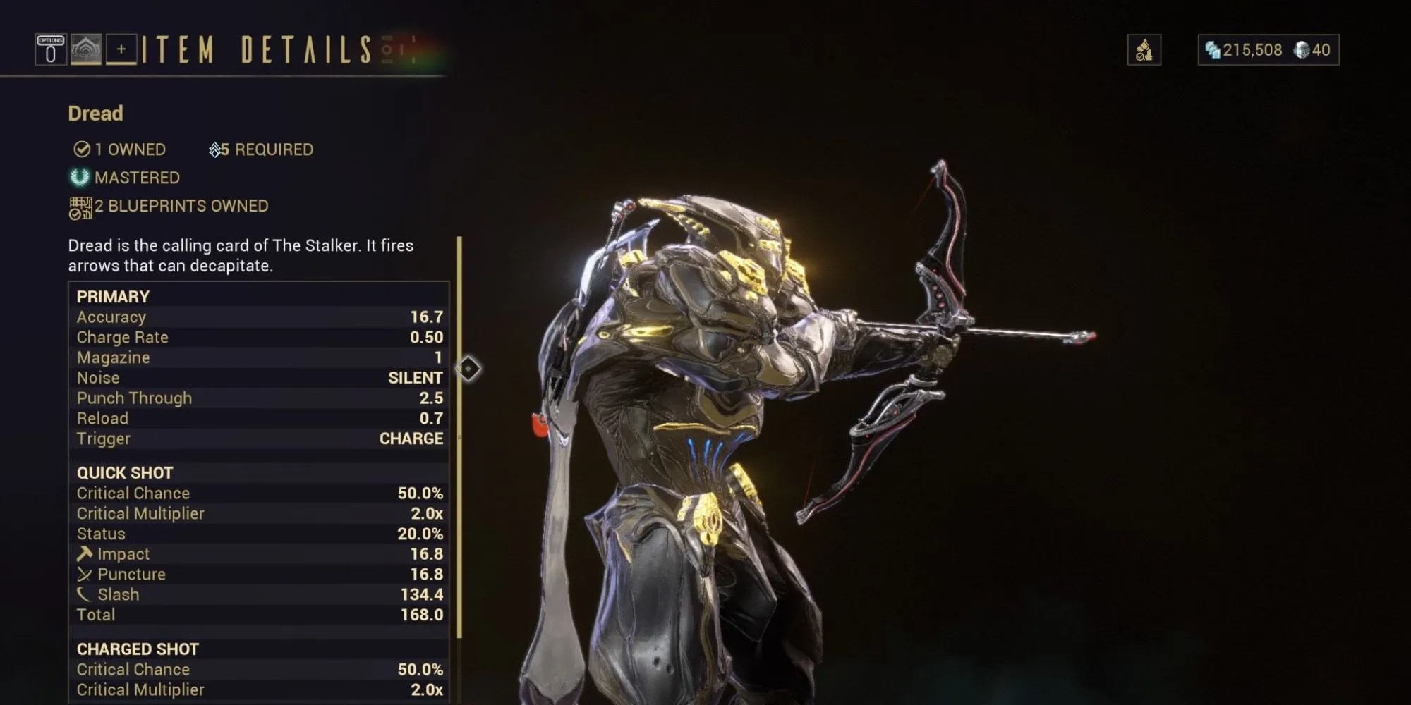Preview of the Dread bow on Warframe