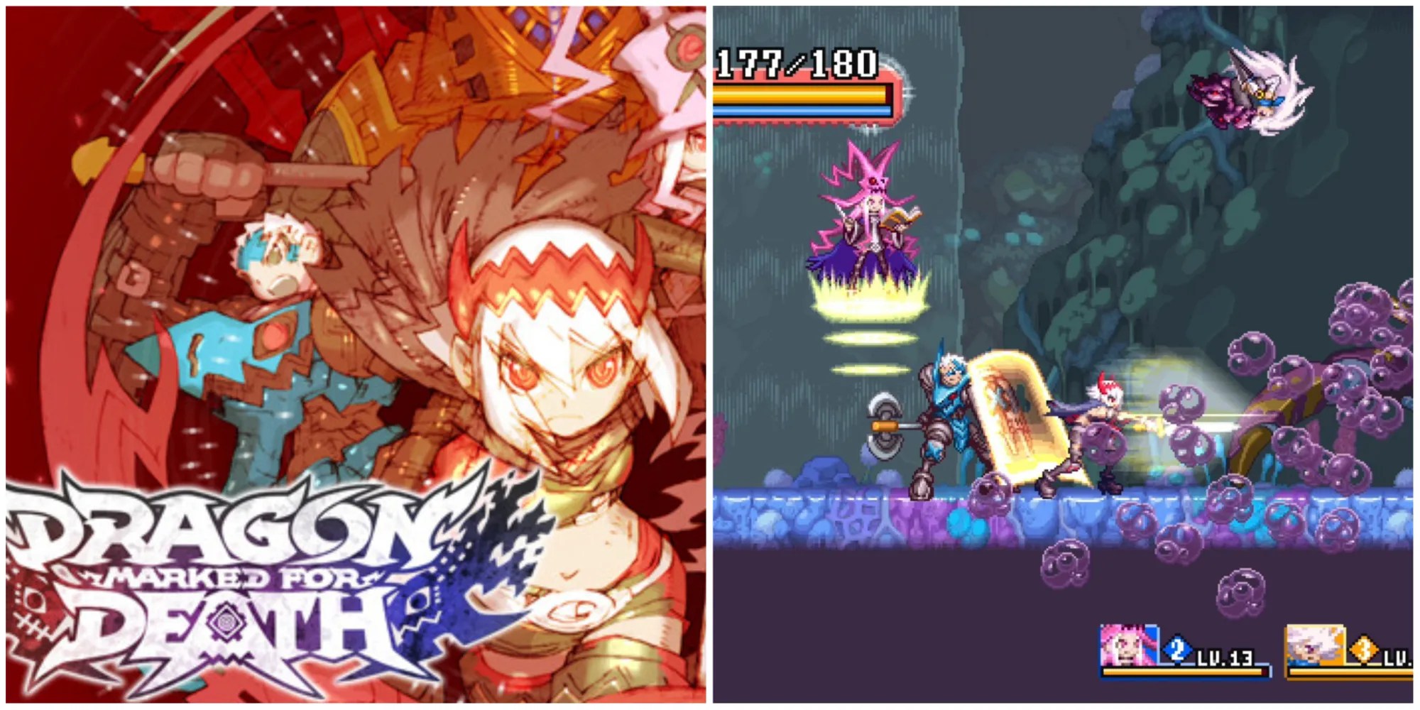 split image of Dragon Marked for Death box art and gameplay Switch