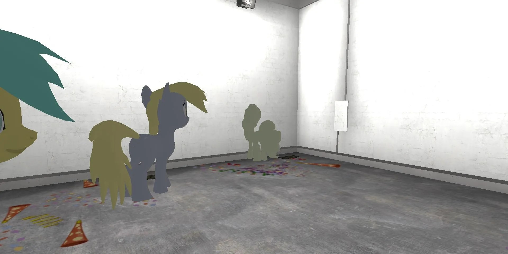 Two ponies (left) corner another pony (center). The floor is littered with pizza slices. Image source: Imgur
