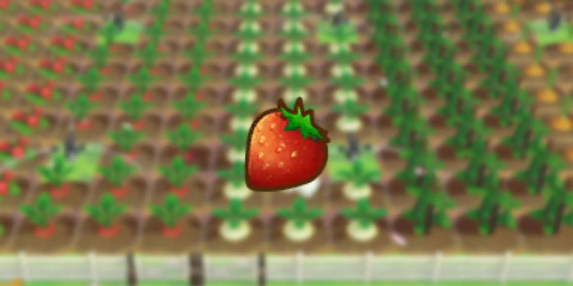 Strawberry icon as it would be seen in players inventory over blurred background of crops in game