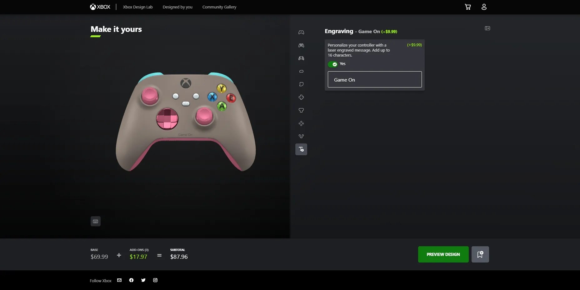 A tan, pink, and blue controller that has &ldquo;Game On&rdquo; engraved on the bottom in Xbox Design Lab