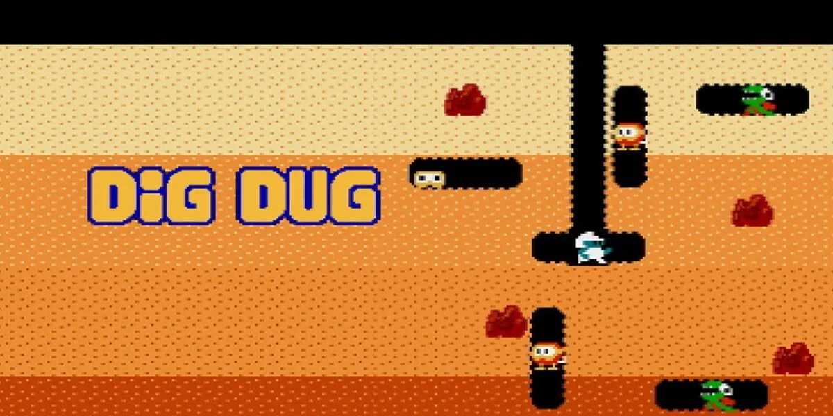 Dig Dug title art next to diging gameplay