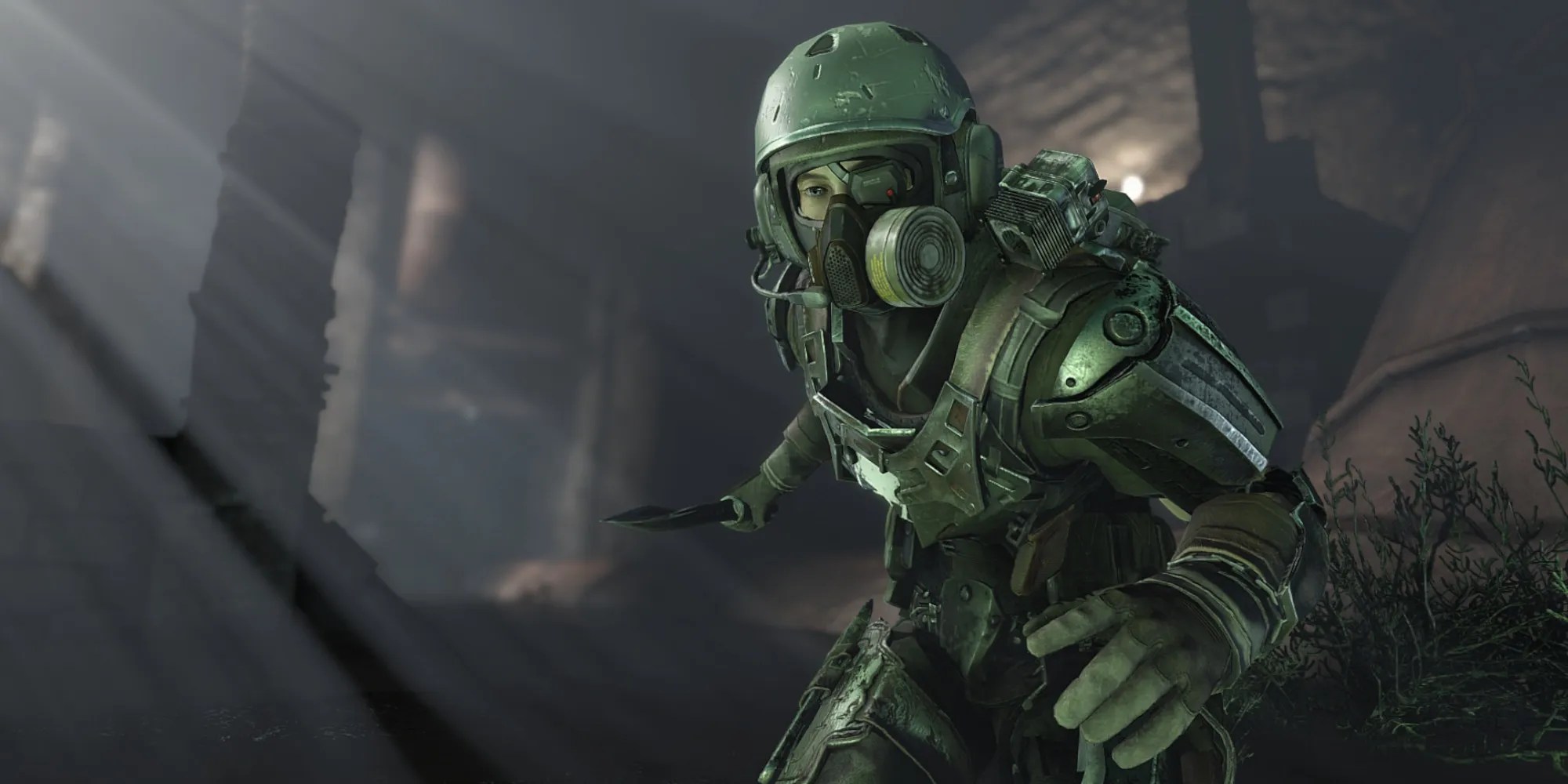 A stealthy, masked character, poised to take down an enemy with a knife