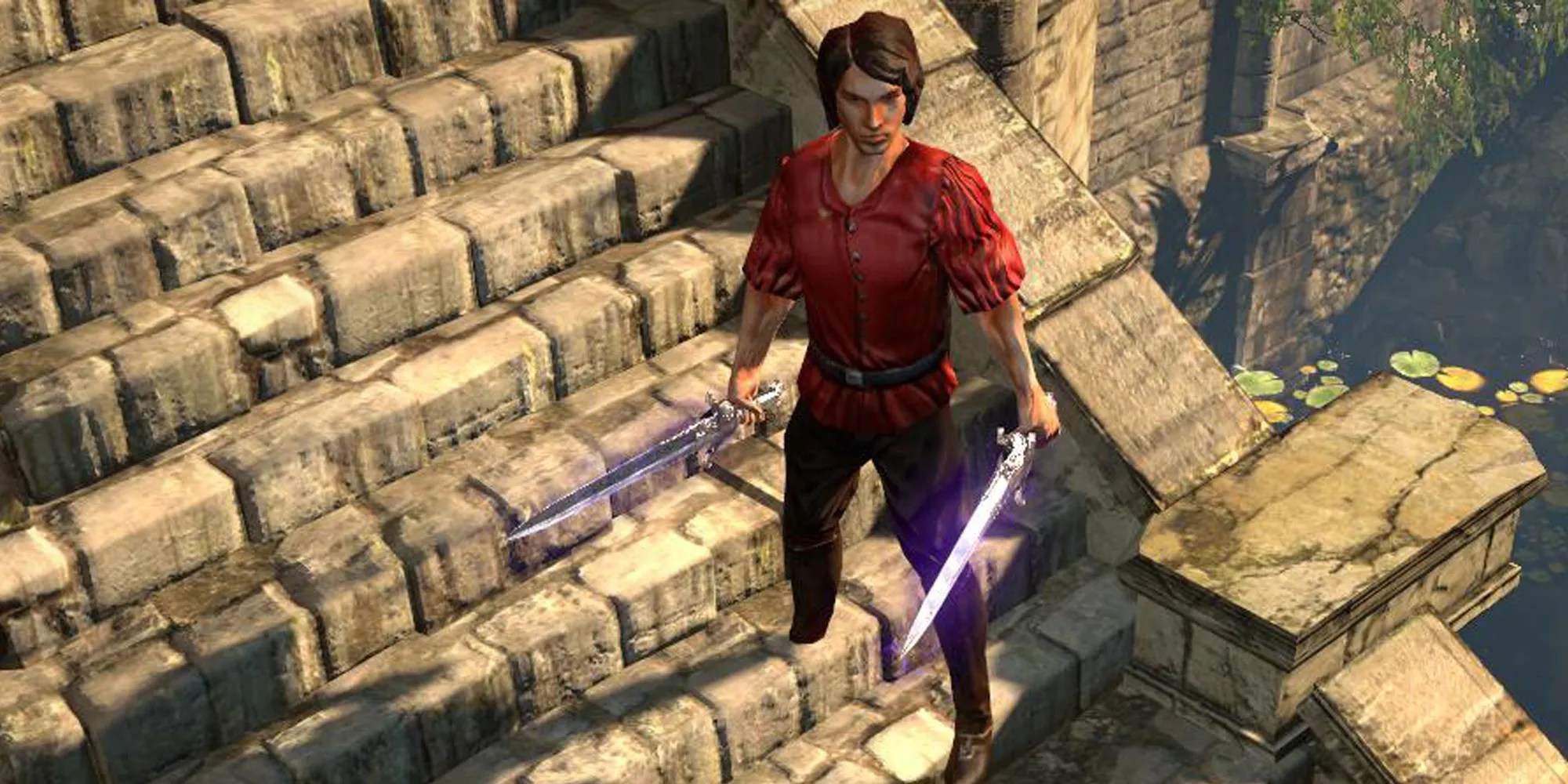 A Duelist character standing on some temple steps in Path of Exile.