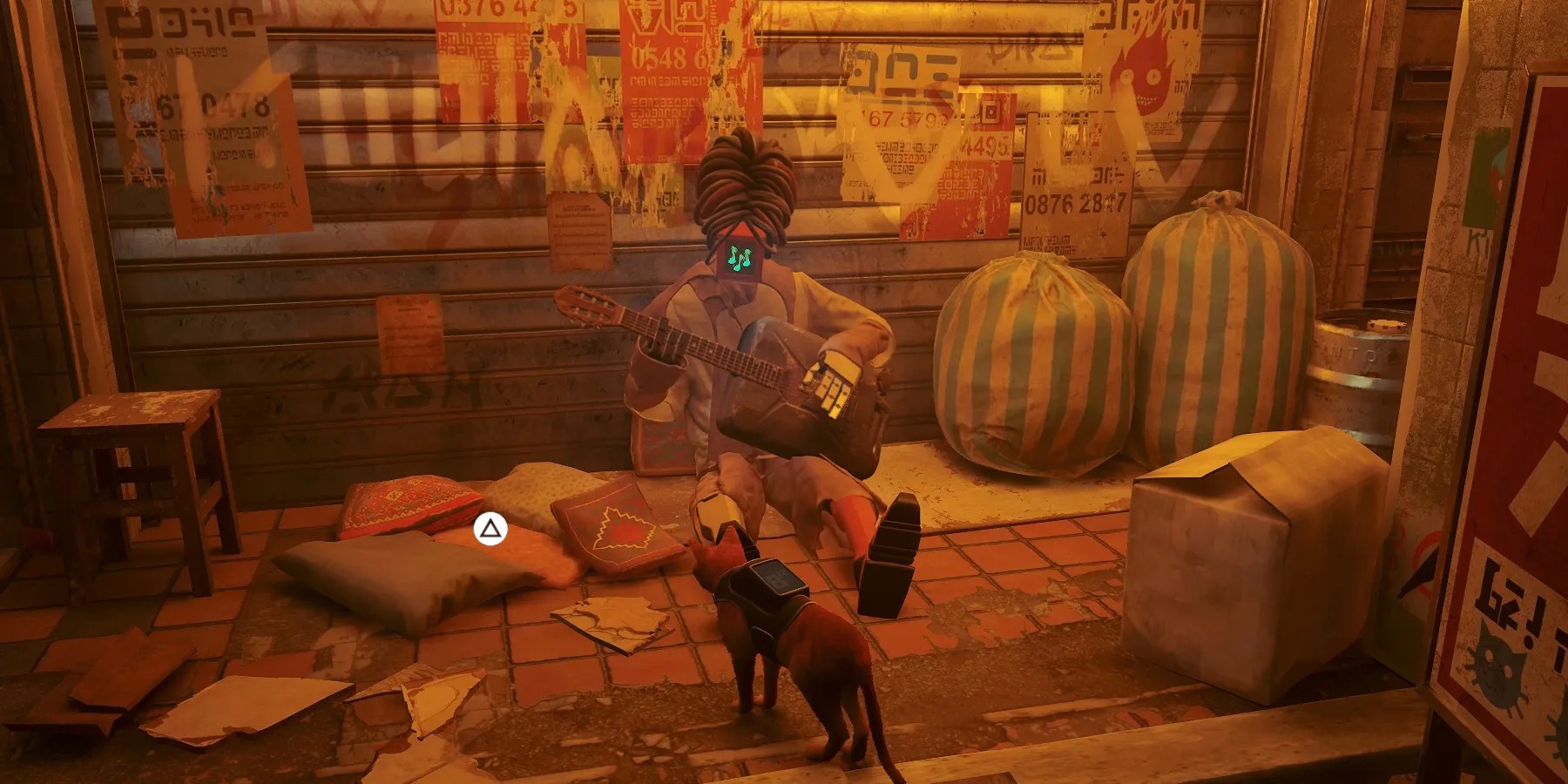 robot playing the guitar in stray