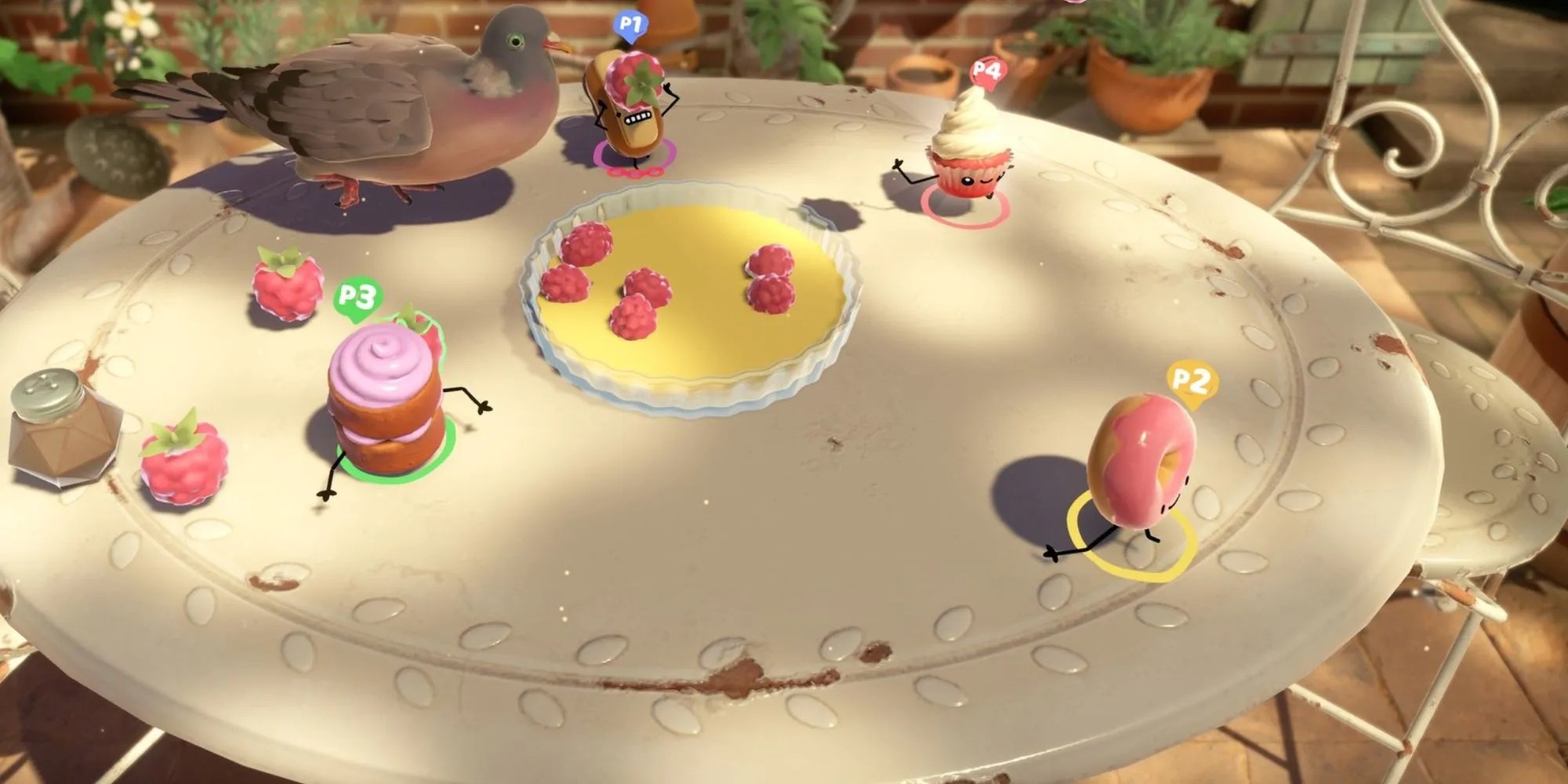 Four players taking part in a minigame in cake bash, running around a table and avoiding a woodpigeon
