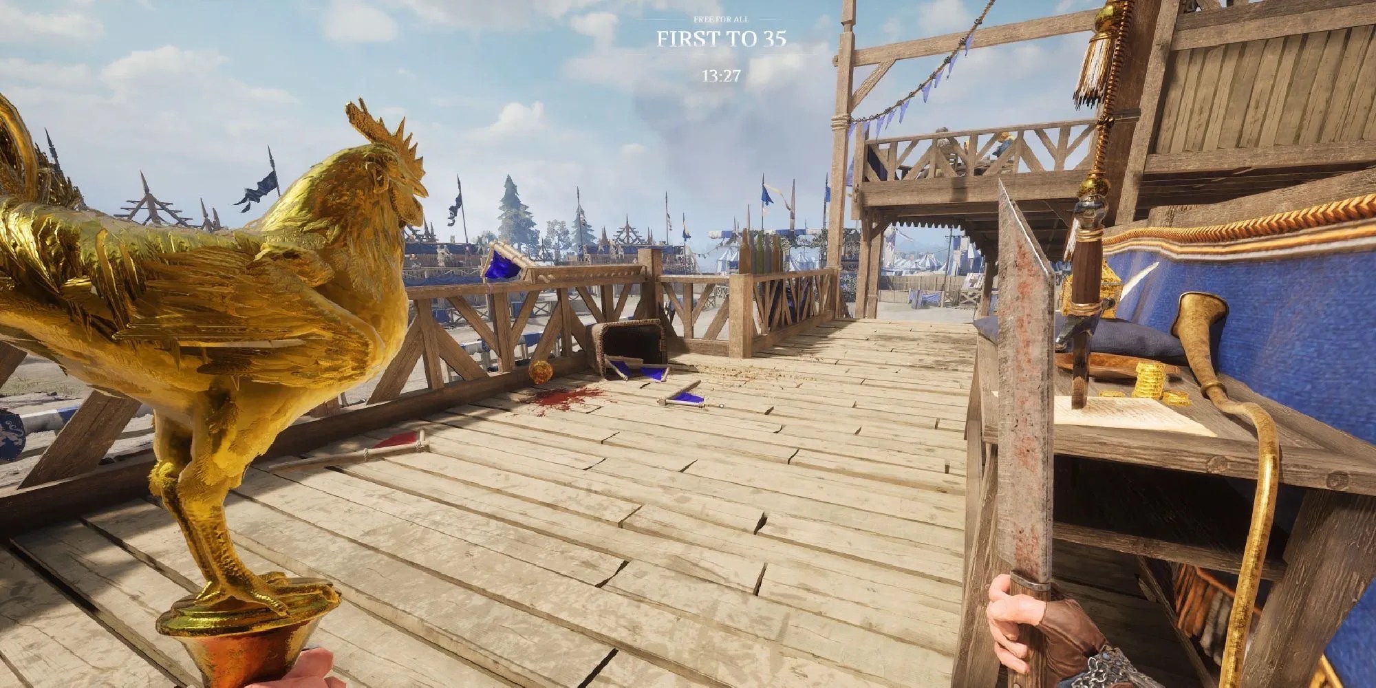 A first-person view of a Chivalry 2 player holding a golden rooster and a knife at Tournament Grounds.