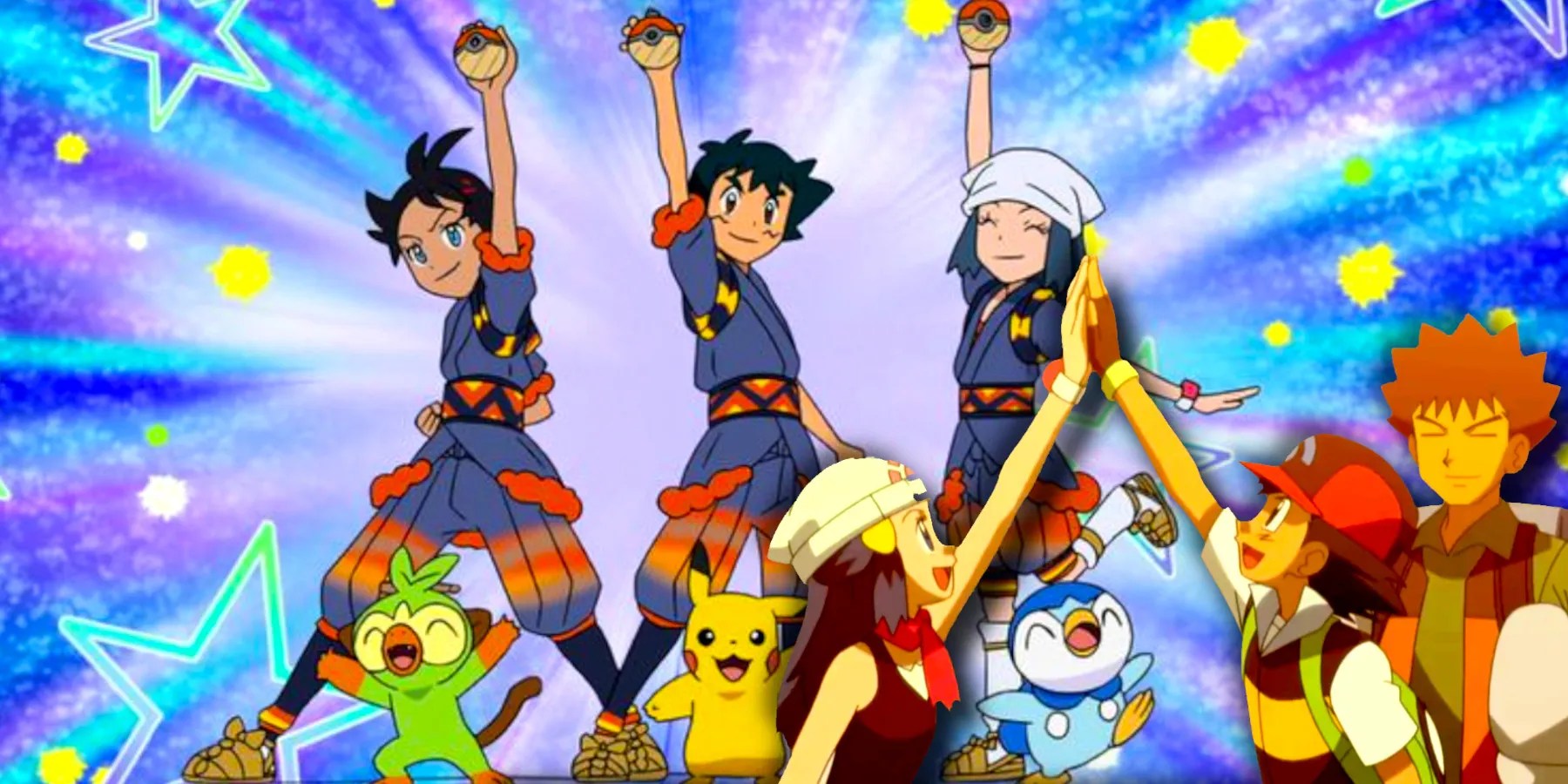 Pokemon The Arceus Chronicles Pokemon Diamond and Pearl Brock, Ash, Dawn and Goh with Grookey, Pikachu and Piplup