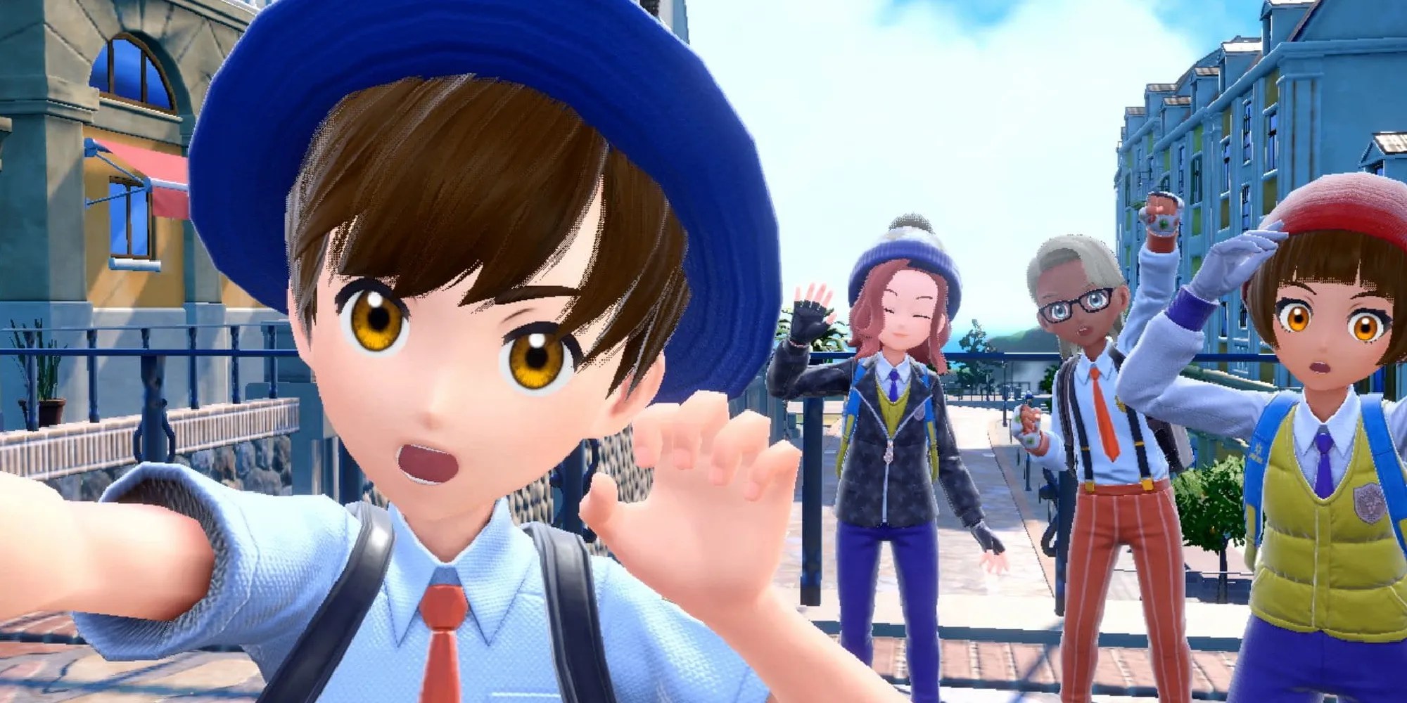A male player taking a selfie of themselves with three other players in Scarlet &amp; Violet