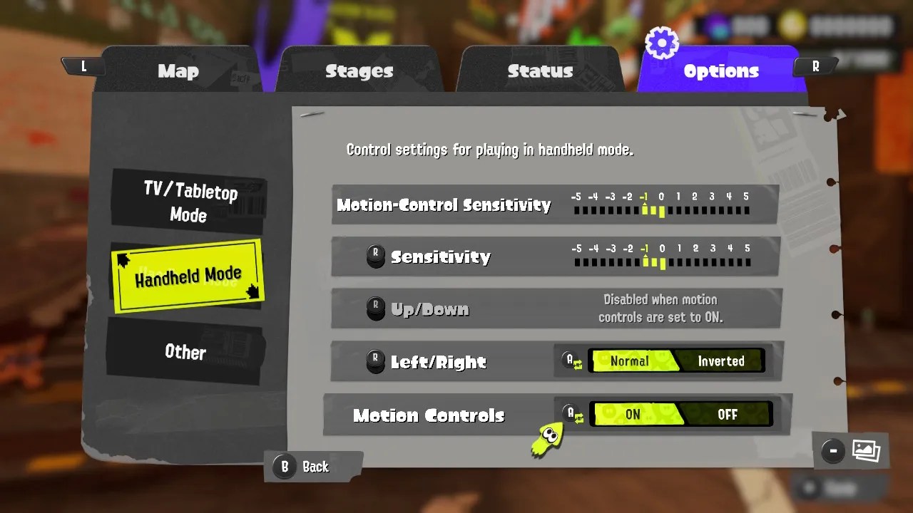 handheld mode motion controls setting splatoon 3