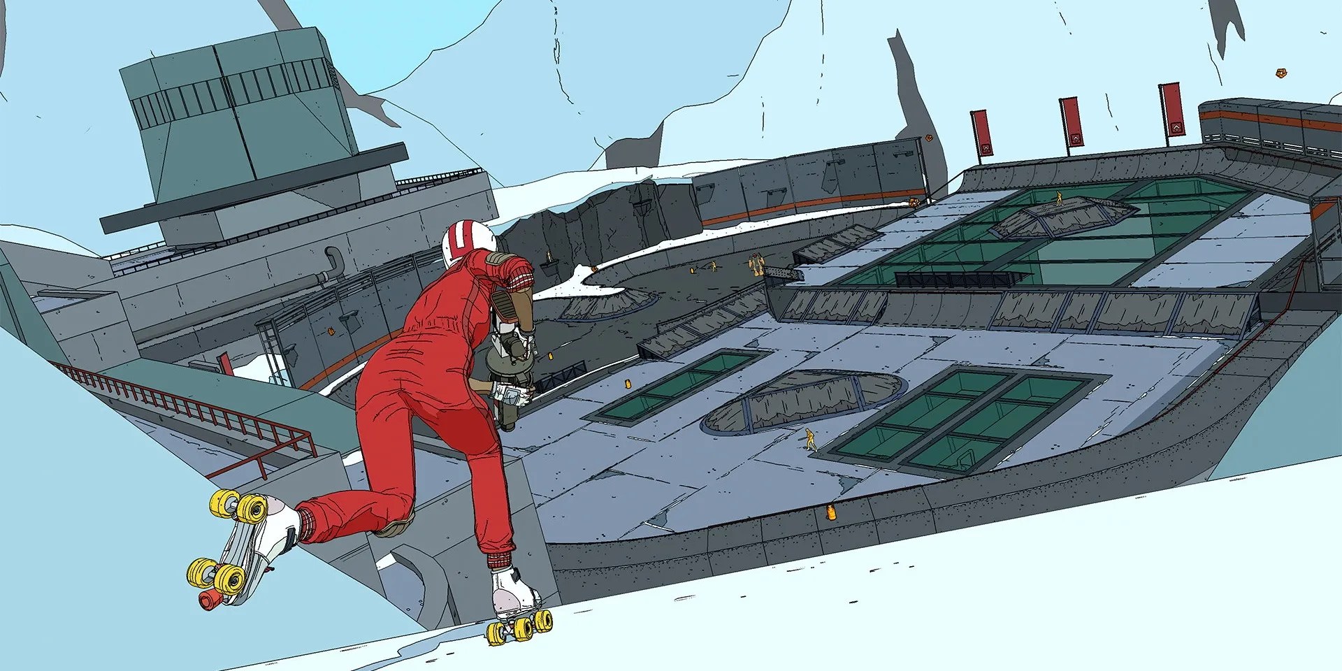 rollerdrome player going towards an arena with a granade launcher