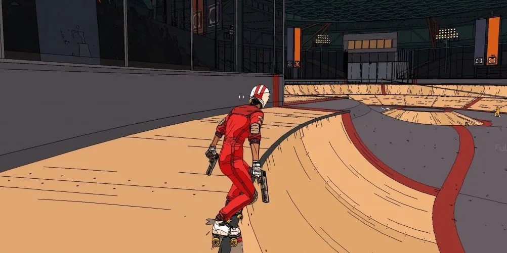 rollerdrome player grinding on ramp