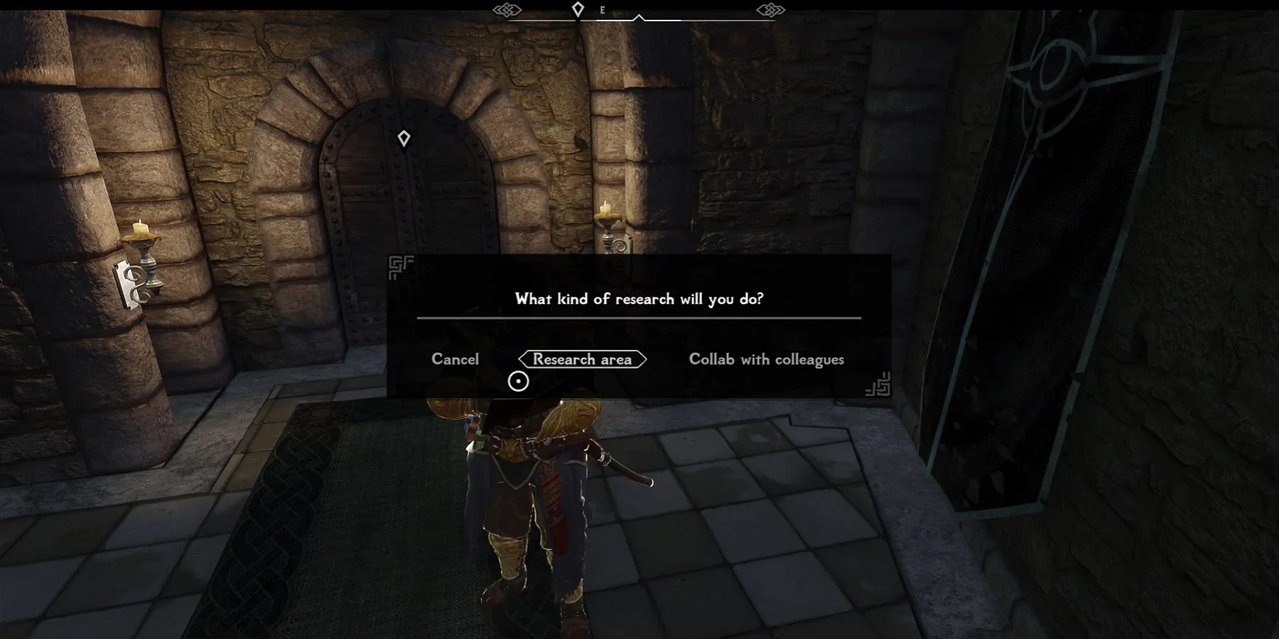 Image from a Skyrim mod showing the player doing some research.