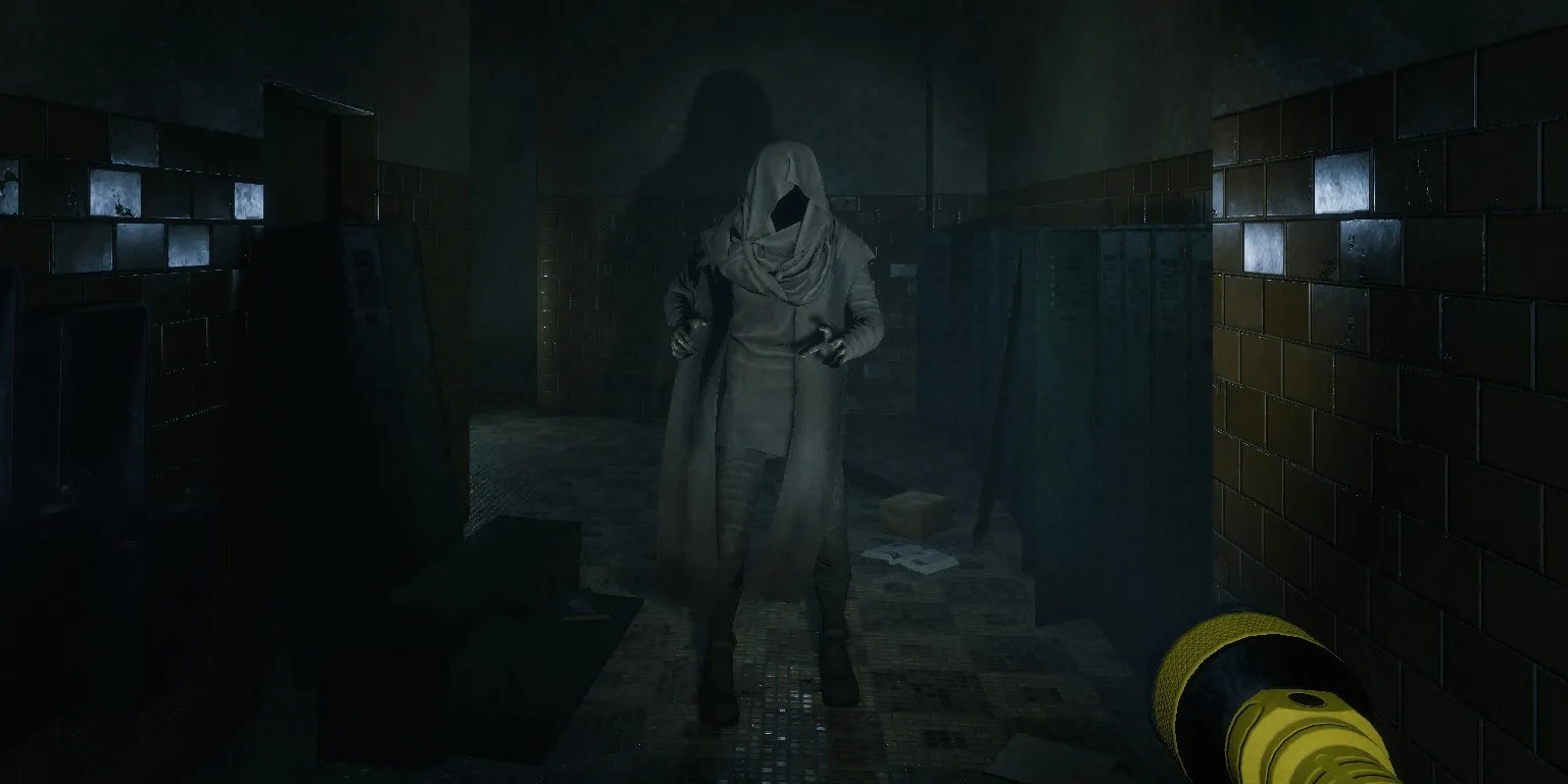 A player shining a flashlight as an entity shambles closer.