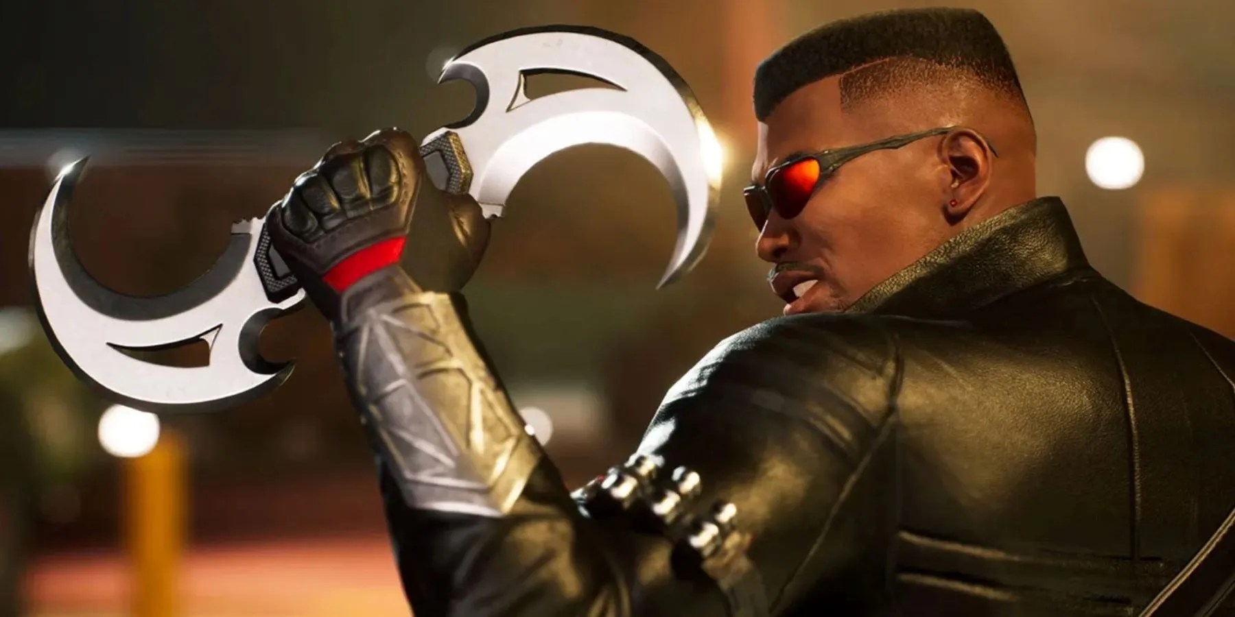 Over the shoulder shot of Blade holding a curved weapon in Marvel&rsquo;s Midnight Suns