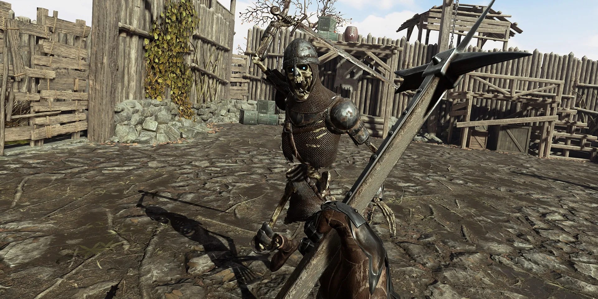 A player being attacked by an armoured skeleton in Hellsplit: Arena