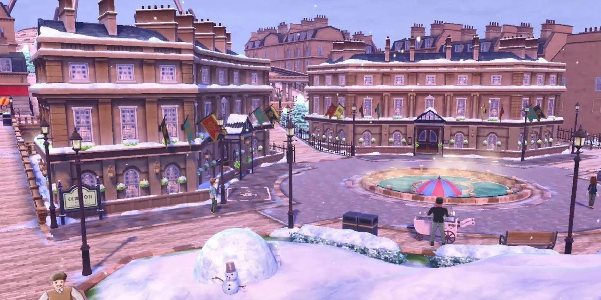 An overview of Circhester&rsquo;s town square in Sword &amp; Shield