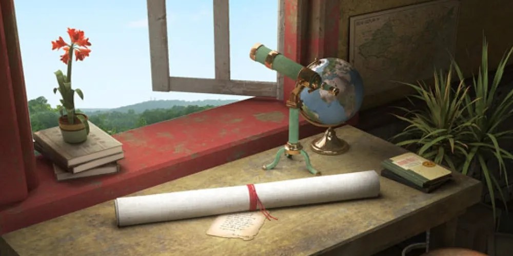 A desk next to a windowsill. On the desk is a canvas rolled up and tied in a red string, on top of a note. Also on the desk are a telescope, a globe, and a book. On the windowsill is a pot with a red flower (left) on top of a stack of books. Image source: ognoob.com