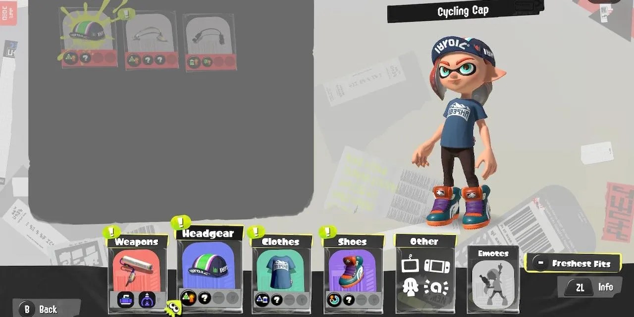 Splatoon 3&rsquo;s Equip Menu with the selection on &ldquo;Headgear,&rdquo; pointing out the Cycling Cap that has a Sub Power-Up