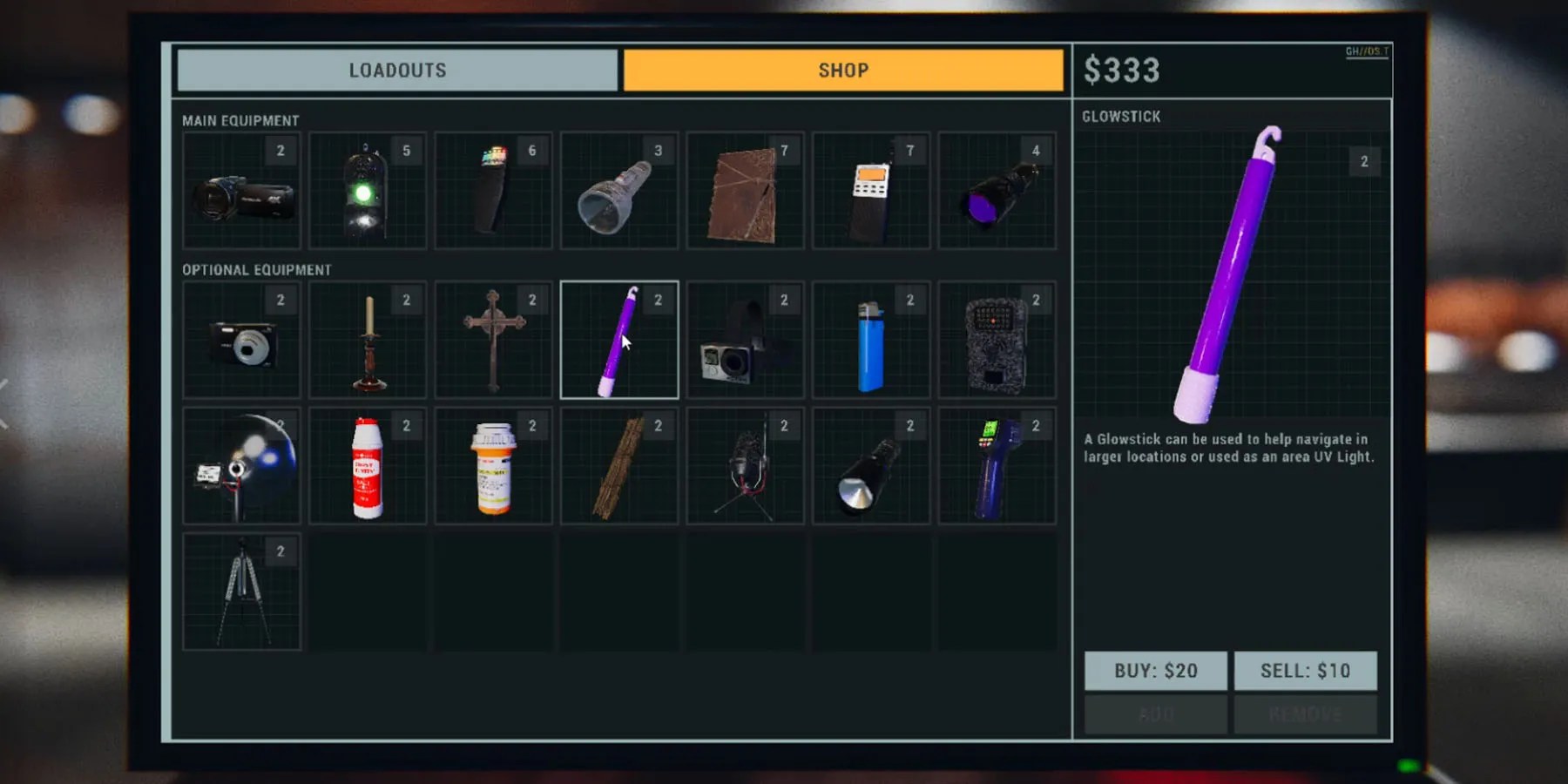 The Glowstick in the Shop Menu