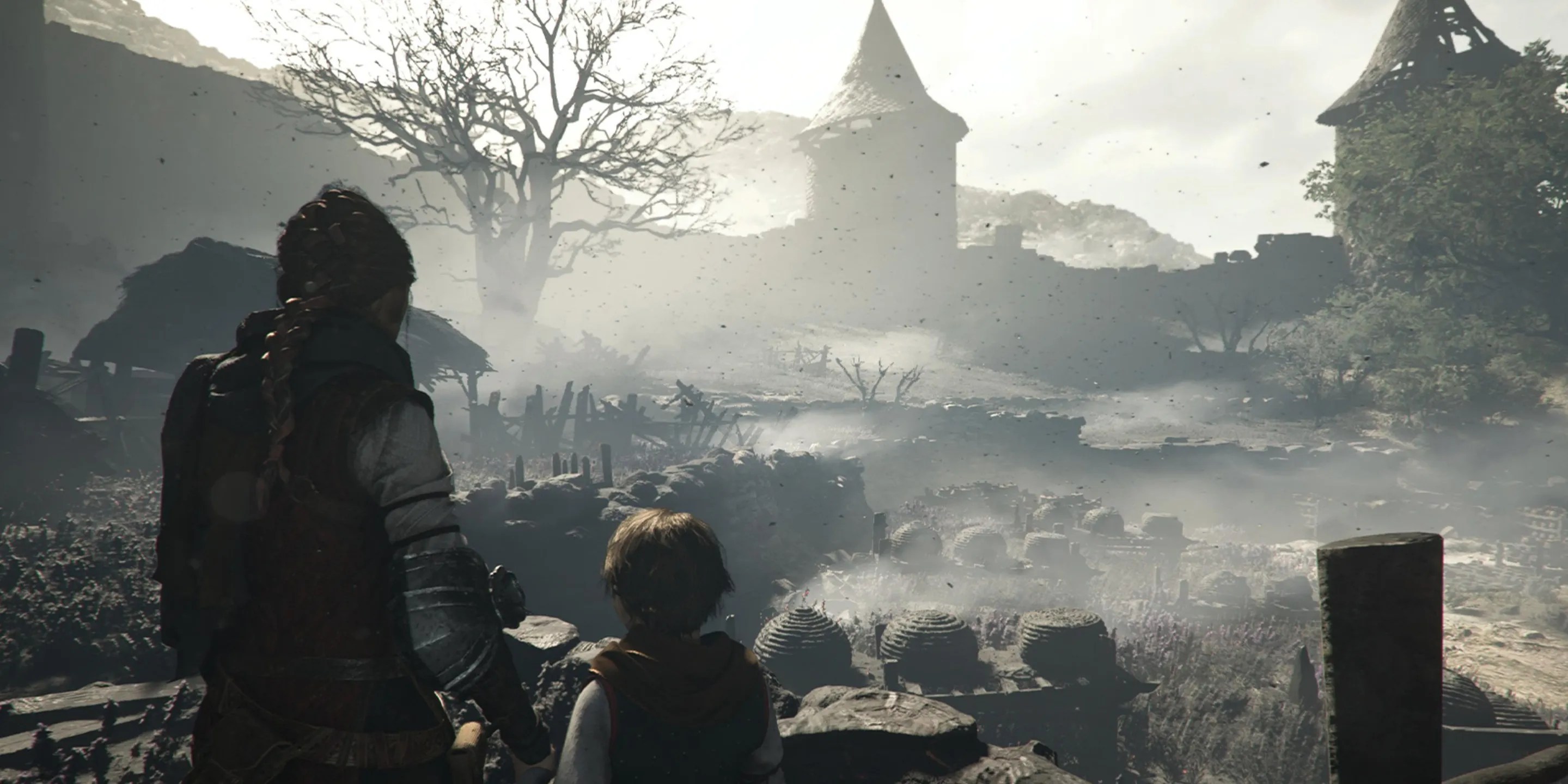 a plague tale amicia and hugo looking at a building