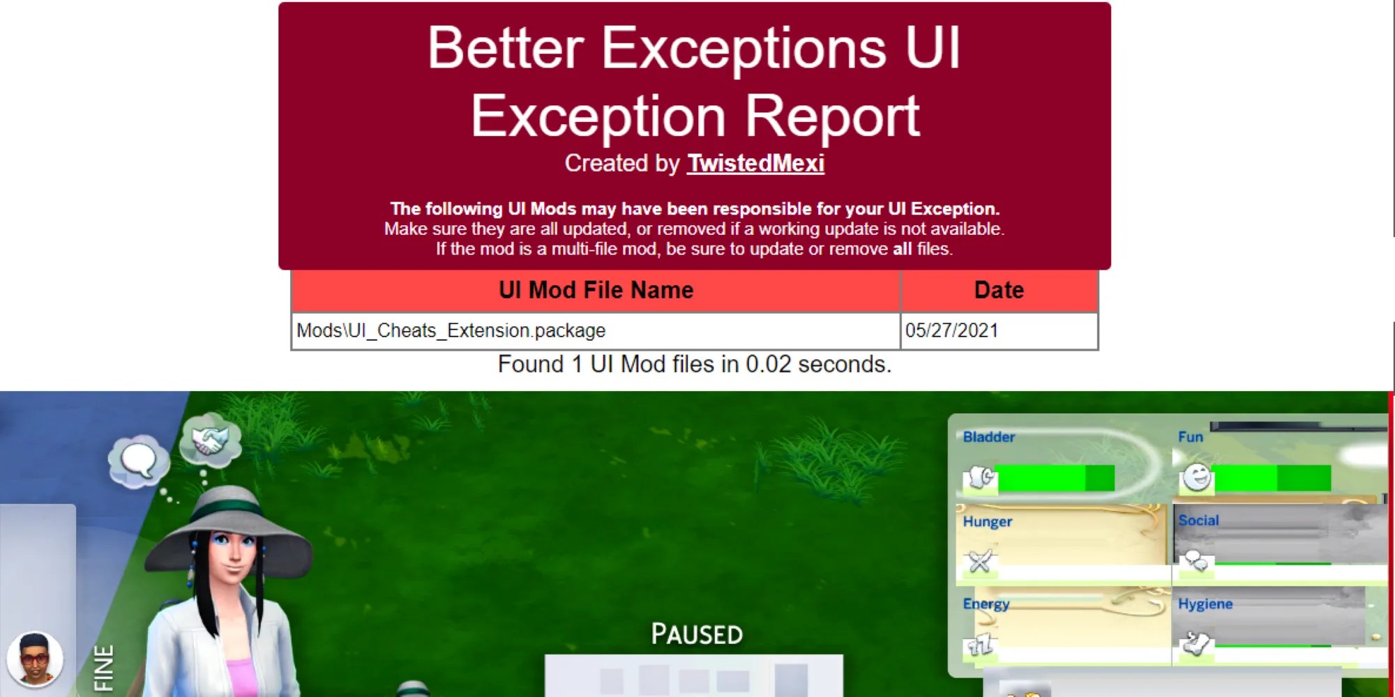Screenshot of a word document detailing &lsquo;Better Exceptions UI Exception Report&rsquo; overlayed on top of a screenshot from The Sims 4 that appears to be bugged.