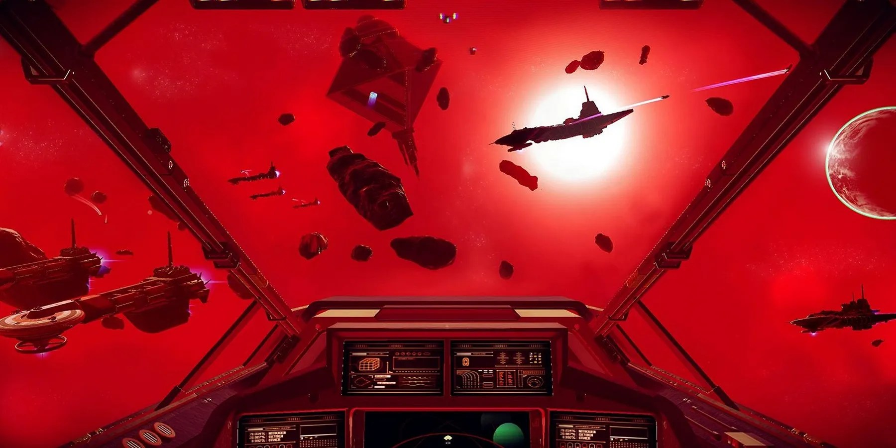Image from No Man’s Sky showing a glowing red outer space filled with ships and freighters.