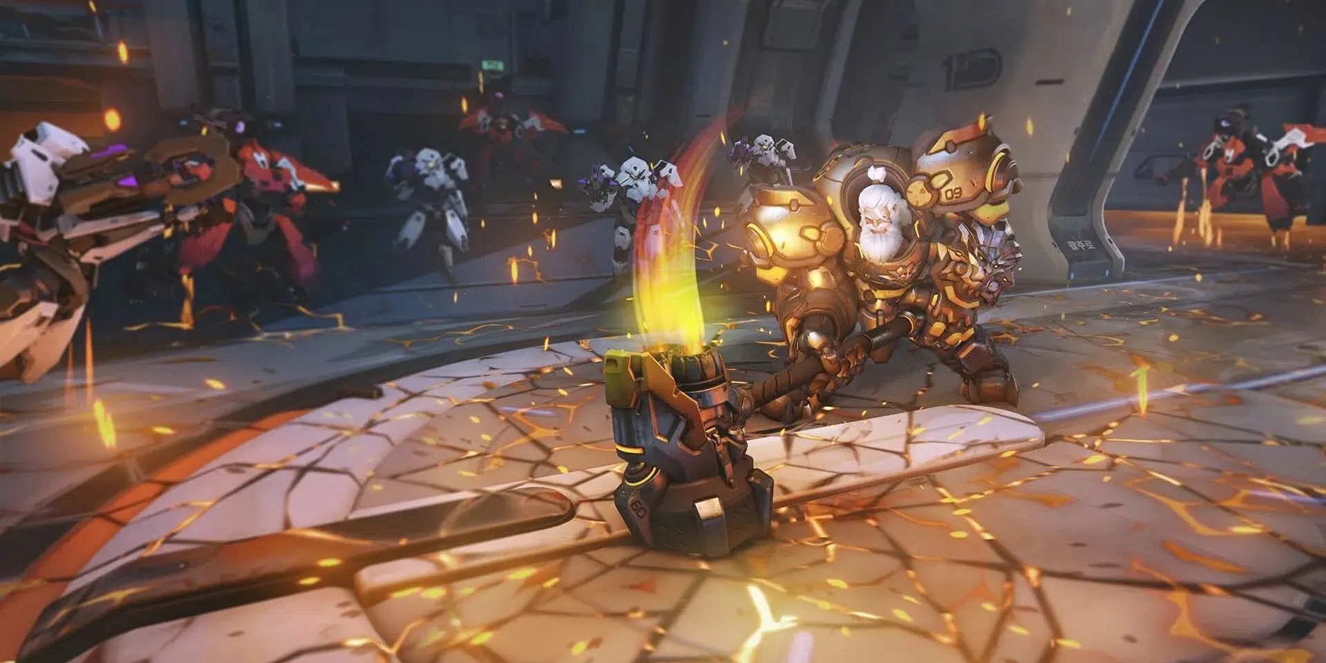 overwatch 2 reinhardt smashing the ground with a bunch or robots around him