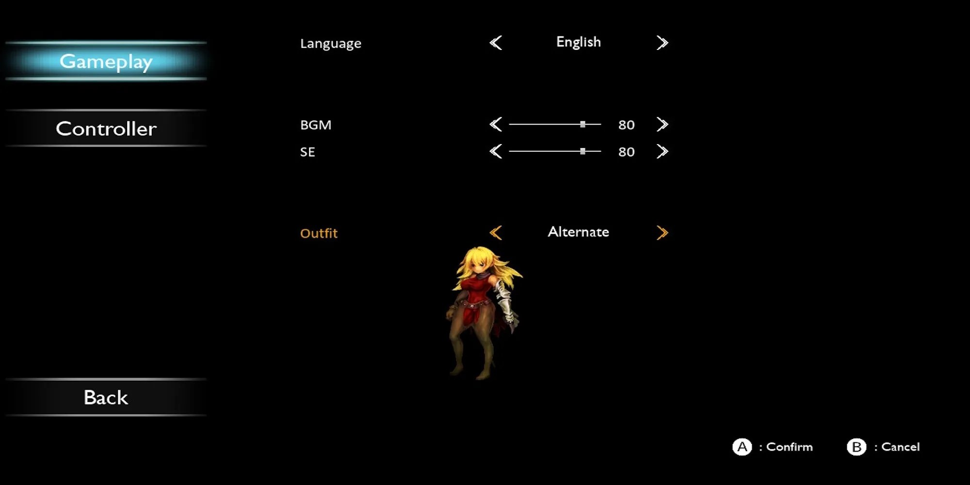 The options menu in Sword of the Vagrant
