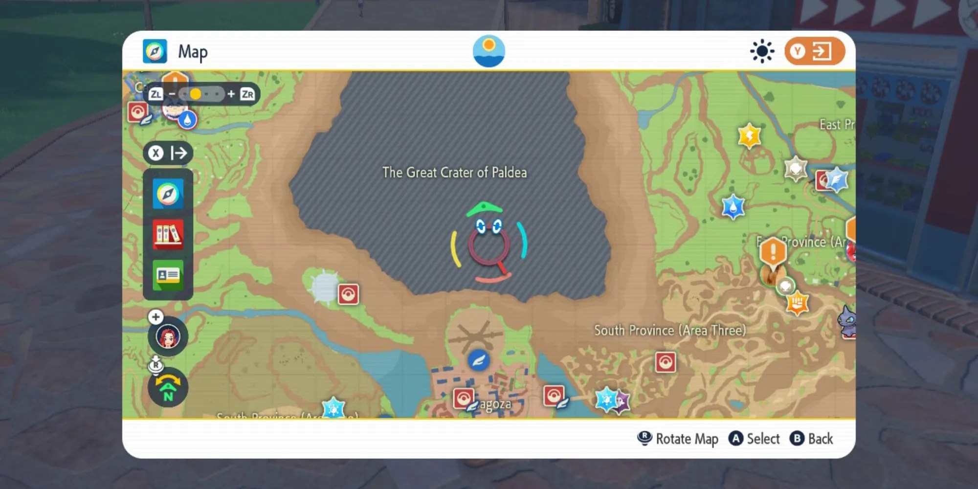 The map screen showing the Great Crater of Paldea Pokemon Scarlet &amp; Violet