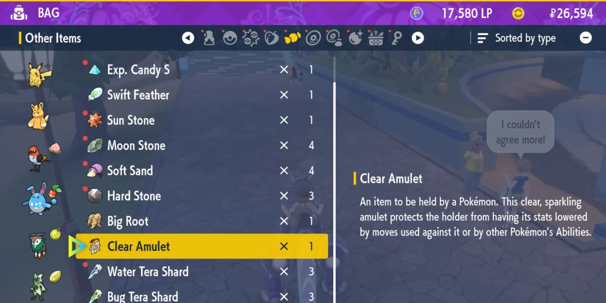 The bag screen with the Clear Amulet in Pokemon Scarlet &amp; Violet