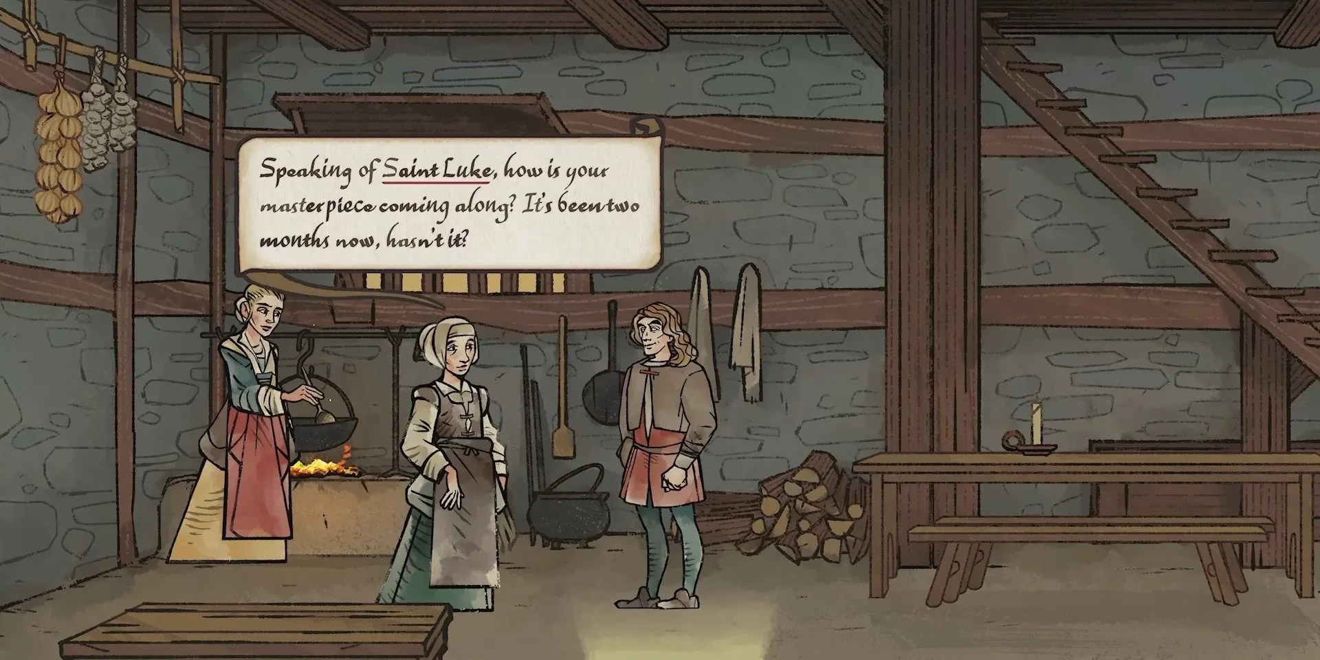 a conversation from Pentiment where a word is underlined in red