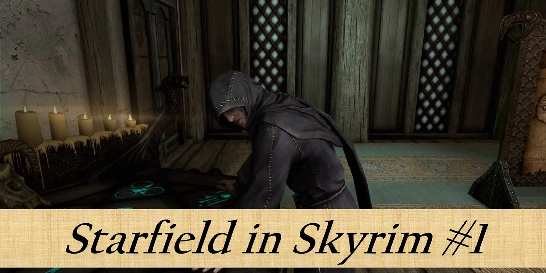 Image from Skyrim sshowing a Necromancer and some text at the bottom saying &ldquo;Starfield in Skyrim #1.&quot;