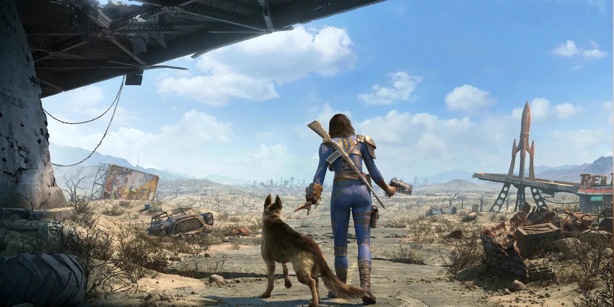 fallout 4 art showing the protagonist with a dog in the wasteland