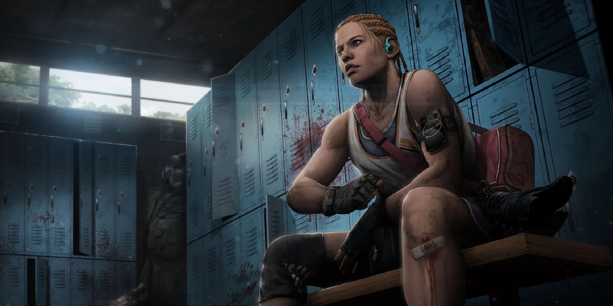 Meg sits in a bloody locker room after a recent workout, oblivious to the onlooking Clown